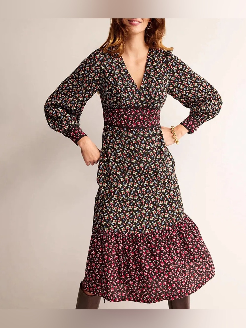 Boden Multi Hotch Potch Tiered Tea Boho Long Sleeve V-Neck Floral Maxi Dress 8R